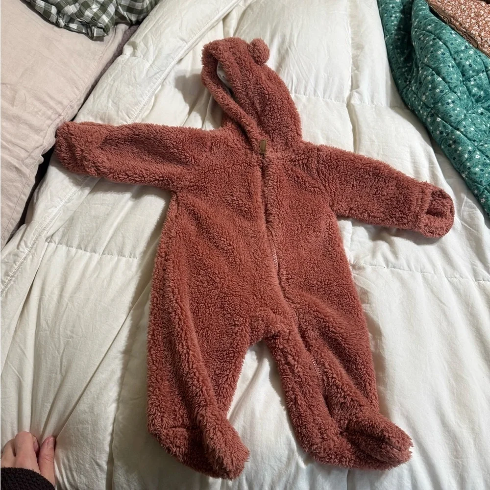 Carter’s 3 Month Pink Bear Baby Sherpa Bunting Fold Over Mits Zip Up